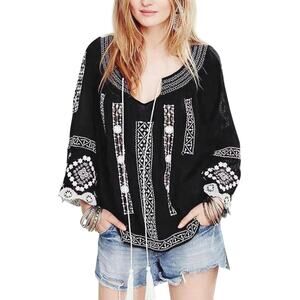 FREE PEOPLE Women’s Silver Springs Boho Black and White Embroidered Top